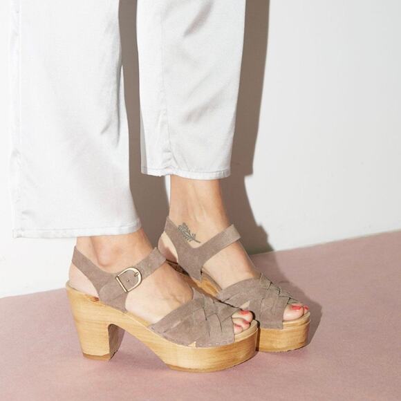 No. 6 Woven Leather Wooden Clogs Heels Sandal Beige 7 Tan Natural 37 Ankle Strap - Picture 4 of 14